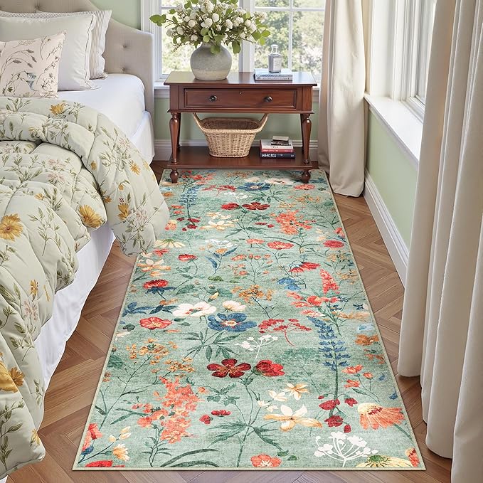 Floral Runner Rug 2x5 Washable Hallway Long Green Bedroom Carpet Non Slip Indoor Boho Kitchen Low Pile Accent Rug Lightweight Soft for Bathroom Dining Laundry Living Room