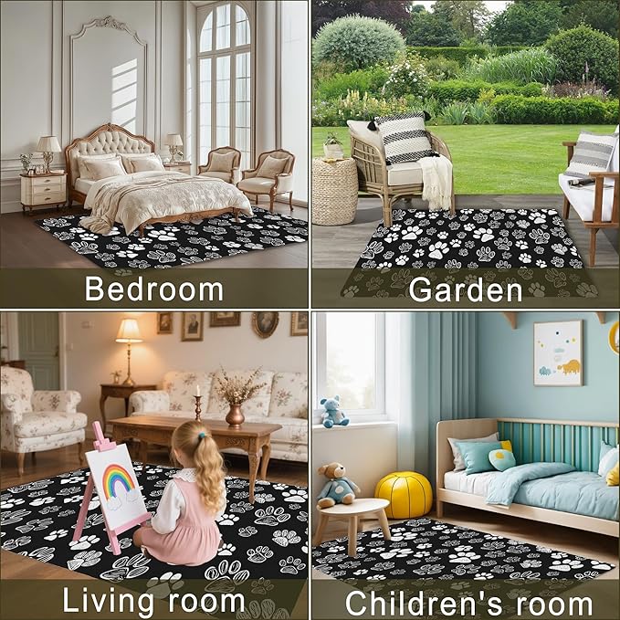 Cat Paws Black Area Rug for Living Room, Non-Slip Backing Low Pile Modern Abstract Rug for Indoor Use, 5x7 Washable Carpet