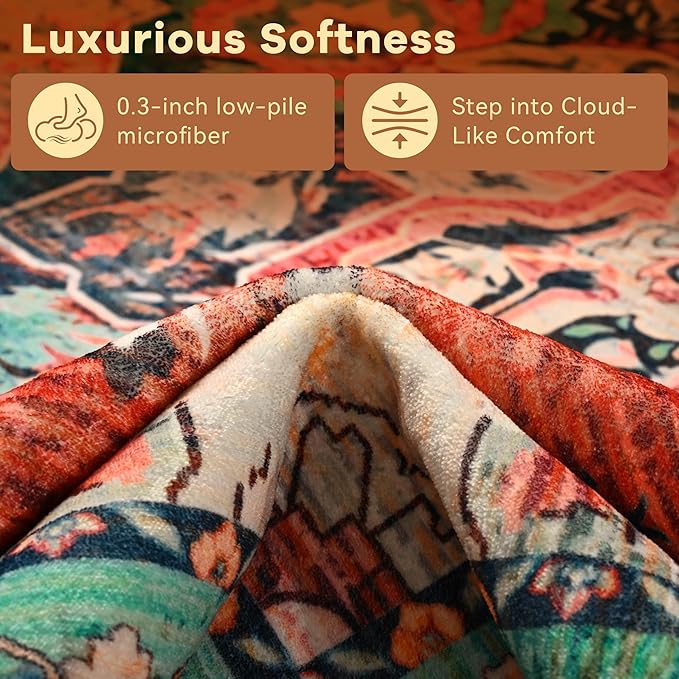 YJ.GWL Area Rugs for Living Room 6x9 Machine Washable Rugs, Non Slip Floral Vintage Rug Indoor Carpet, Stain Resistant Large Rug for Bedroom Dining Room, Red Blue Gradient Color