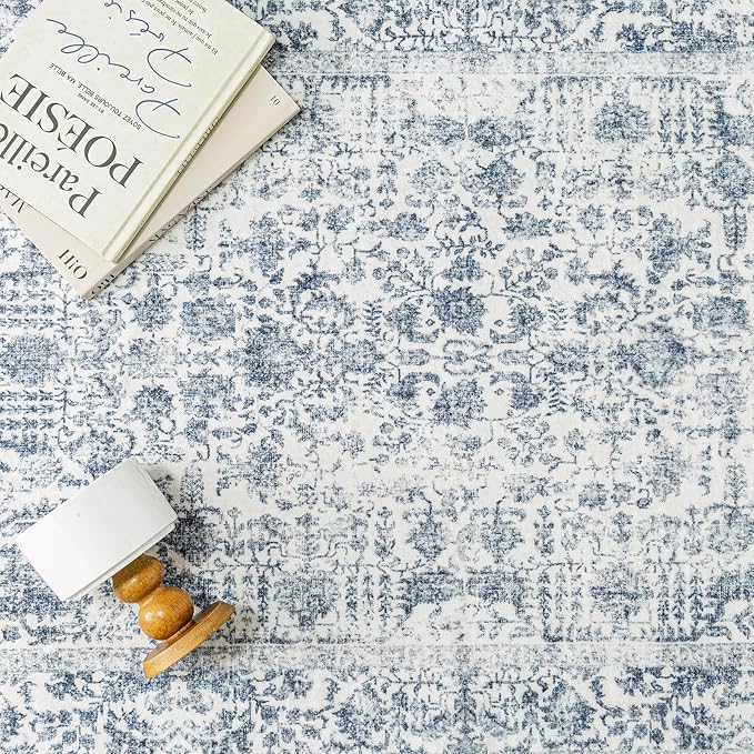 Navy Blue Area Rug 6x9 Machine Washable Vintage Living Room Distressed Non Slip Carpet Traditional Indoor Bedroom Retro Floral Accent Throw Large Rug for Office Kitchen Dining Room