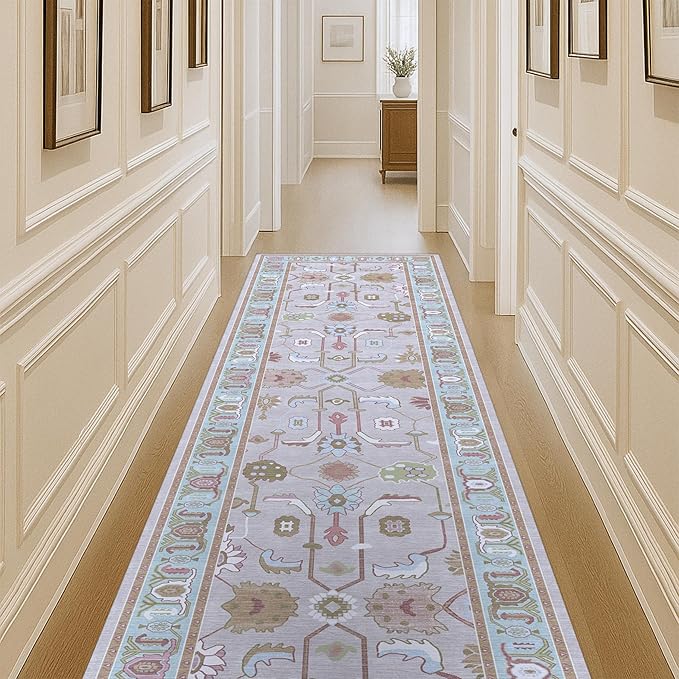 Fame Living Pink Oushak Runner Rug, Modern Runners, Turkish, Eclectic, Floral, Pastel, Washable, Small Throw Rugs, Short Runner for Hallway, Entryway, Laundry, Bedroom, Kitchen, Bathroom, 2'5"x6'5"