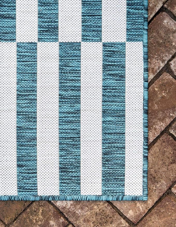 Unique Loom Outdoor Striped Collection Area Rug - Striped (4' 1" x 6' 1" Rectangle, Teal/Ivory)