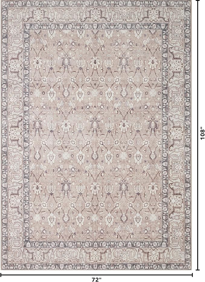Kuden 6x9 Area Rug, Machine Washable Area Rug with Non-Slip Backing, Vintage Style, Soft, Easy Clean, Low Pile Rug for Living Room, Bedroom, Dining Room