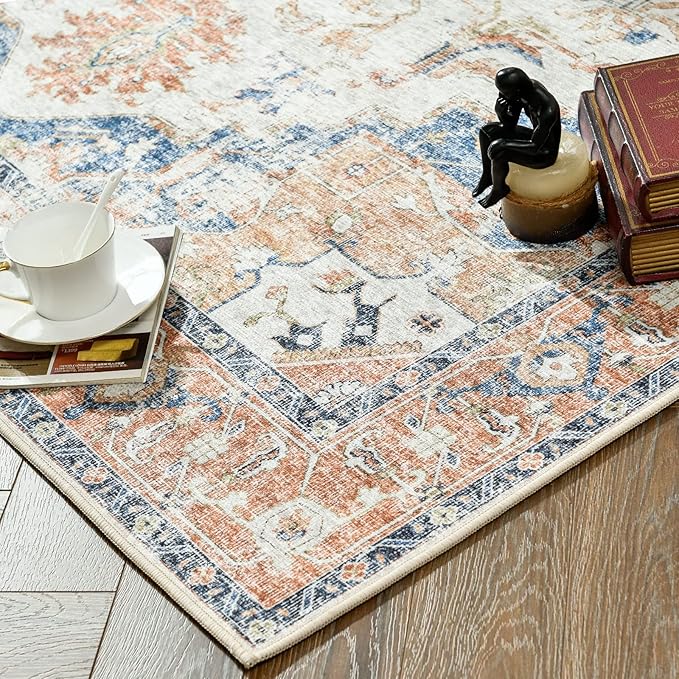 jinchan Area Rug 6x9 Washable Living Room Rug Vintage Indoor Large Floor Cover Distressed Lightweight Non-Slip Low Pile Thin Mat Accent Stain Resistant Carpet for Bedroom Dining Room Office Orange