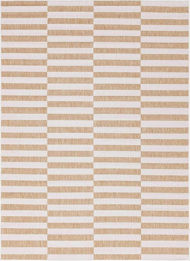 Unique Loom Outdoor Collection Classic Stripes, Transitional Indoor & Outdoor Area Rug 8' 0" x 11' 0", Light Brown/ Ivory