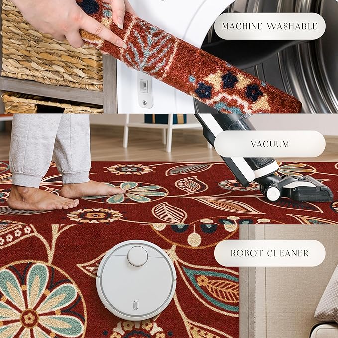 Maples Rugs Reggie Floral Area Rug - Made in USA - Washable, Non Slip, Pet-Friendly Mats for Living Room, Bedroom, and Office, 3'4 x 5, Merlot