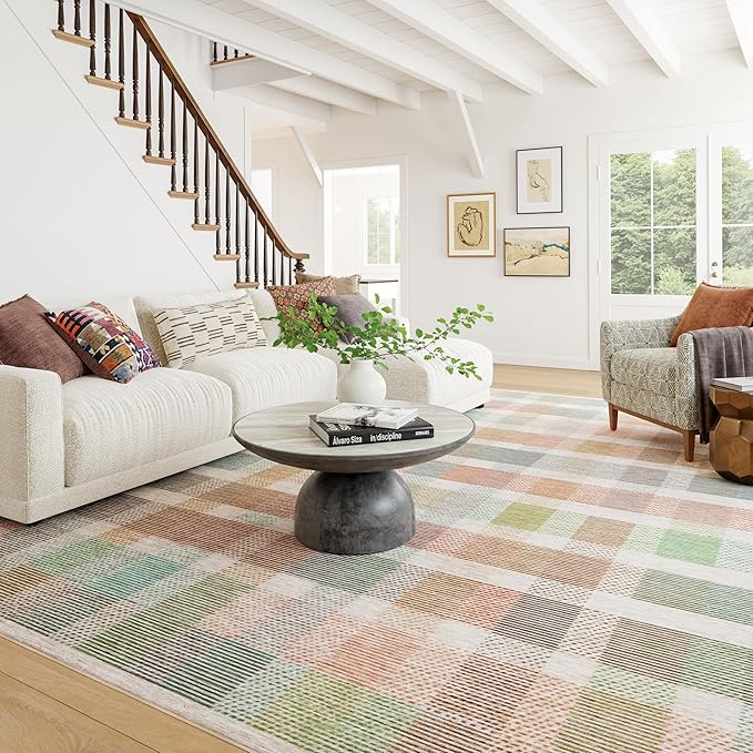 Dash & Albert Chanan Plaid Multi Machine Washable Rug, 5 X 8 Feet, Multicolored/Ivory Plaid Pattern