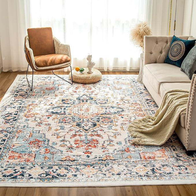 VK VK·LIVING Machine Washable Rug 4'x6' Vintage Design Washable Area Rugs with Non Slip Rugs for Living Room Bedroom Traditional Woven Carpet Stain Resistant,Home Decor Office Boho Rug, Blue&Orange