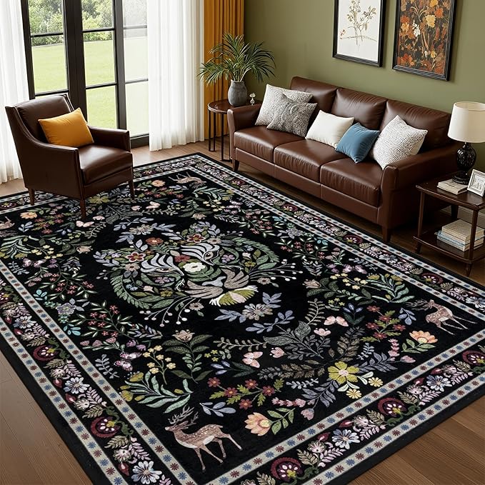 5x7 Area Rugs Living Room Rug: Vintage Washable Rug Floral Soft Carpet Indoor Floor Non-Slip Boho Stain Resistant Large Carpets for Bedroom Kids Nursery Dining Room Farmhouse Home Office Black