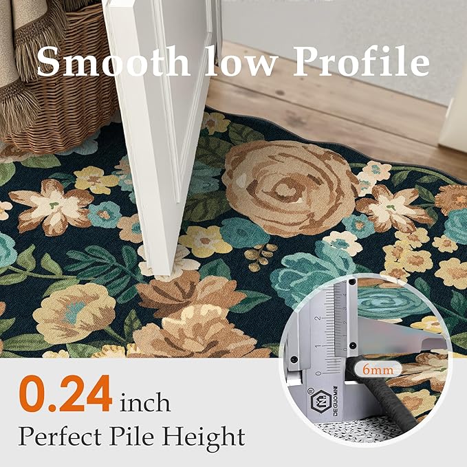Washable Floral Area Rug 3x5 Black Office Carpet Scalloped Flower Non Slip Soft Entrance Door Mat Farmhouse Low Pile Thin Indoor Floor Cover for Kitchen Bathroom Bedroom Laundry Living Room