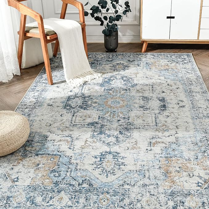 jinchan Kelda Area Rug 4x6 Washable Bedroom Rug Vintage Indoor Floor Cover Distressed Lightweight Non-Slip Low Pile Thin Mat Accent Stain Resistant Carpet for Living Room Dining Room Office Blue