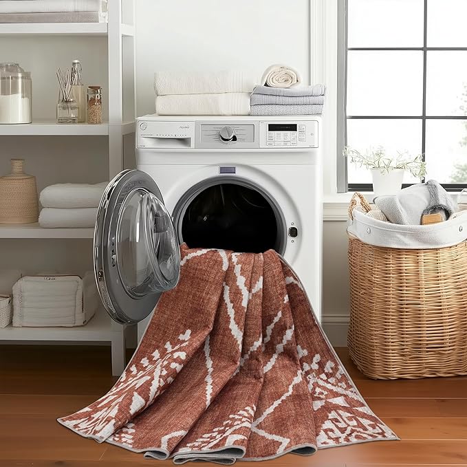 ReaLife Rugs Machine Washable Area Rug - Living Room Bedroom Bathroom Kitchen Entryway Office - Padded Crease Free Stain Resistant Premium - Moroccan Tribal Diamond - Jax- Orange - 2'x 3'