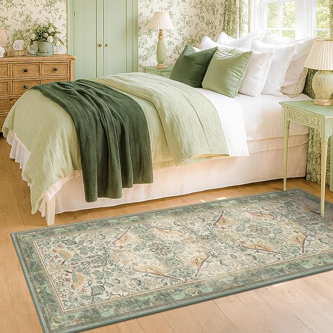 Boho Long Bathroom Runner Rug 2x6 - Floral & Bird Runner Rug for Kitchen Floor, Hallway, Laundry Room, Bedroom, Entrance, Sage Green Vintage Decor, Washable Non Slip Low Pile - Light Green