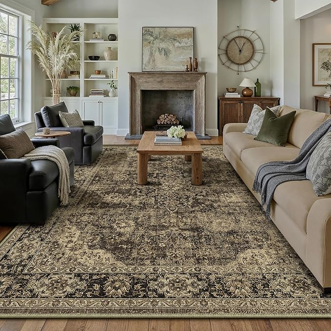 HUGEAR Retro Brown Area Rug 9x12 Machine Washable Living Room Rugs Distressed Vintage Floral Low Pile Carpet Bedroom Office Dining Room Laundry Room Non Slip Soft Lightweight