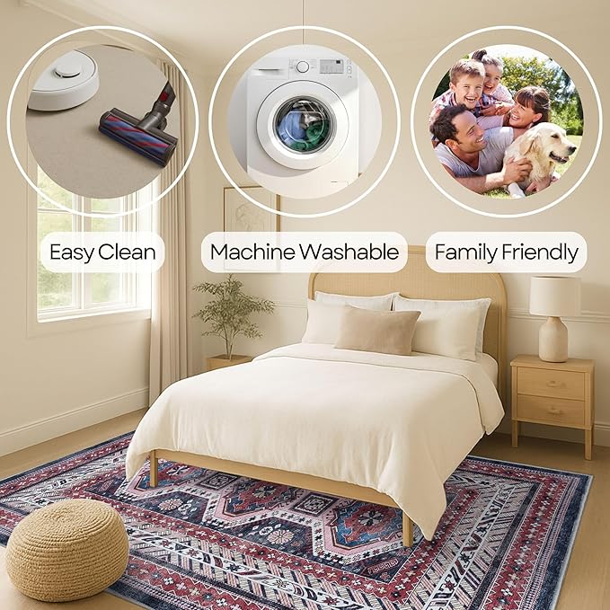 Fame Rugs Turkish Rug. Washable Vintage Oriental Antique Inspired Traditional Doormat Small Modern Area Rugs Luxury Entryway Entry Bedroom Bathroom Kitchen (400RN, 2'5 x 9'8)