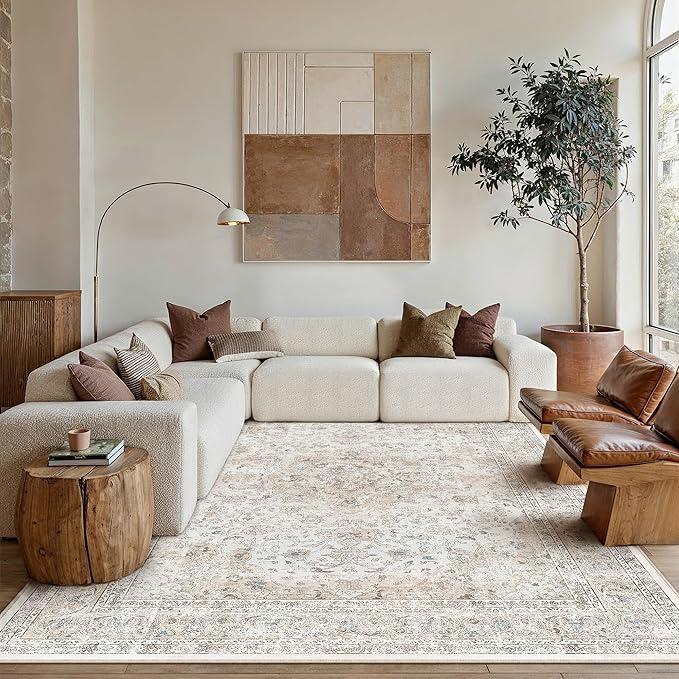 10x12 Washable Vintage Area Rug for Living Room Bedroom Beige Grey Soft Tranditional Non Slip Large Throw Rug Lightweight Floral Low Pile Distressed Carpet Bedroom Playroom Classroom Office