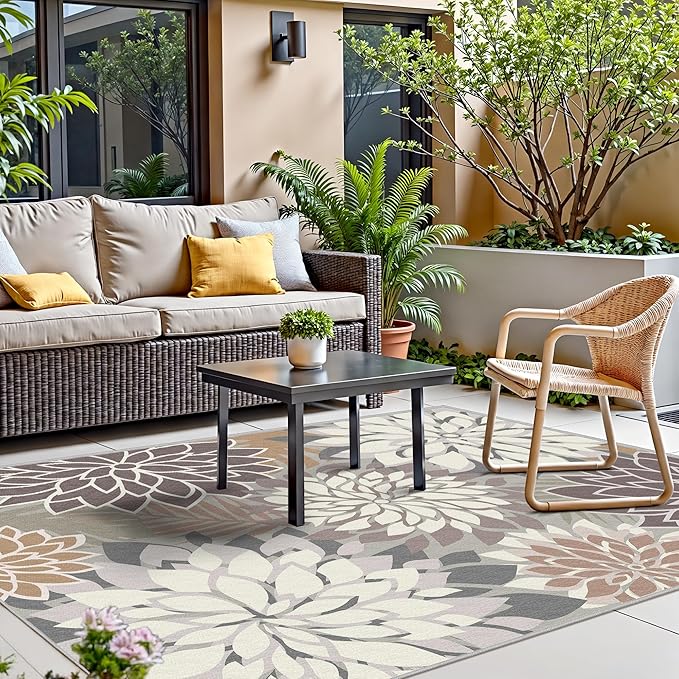 Colorful 5x8 Outdoor Area Rug Washable Multicolored Patio Rug Tropical Botanical Floral Chenille Waterproof Outdoor Carpet for Living Room, Deck, Backyard, Porch, Taupe