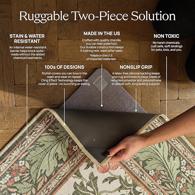 RUGGABLE Washable Vintage Area Rug – Kamran Ivory Opal 8x10, Stain-Resistant, Non-Slip – Large Machine Washable Rugs for Living Room, Bedroom, Hallway, Entryway & Office–with Cushioned Pad