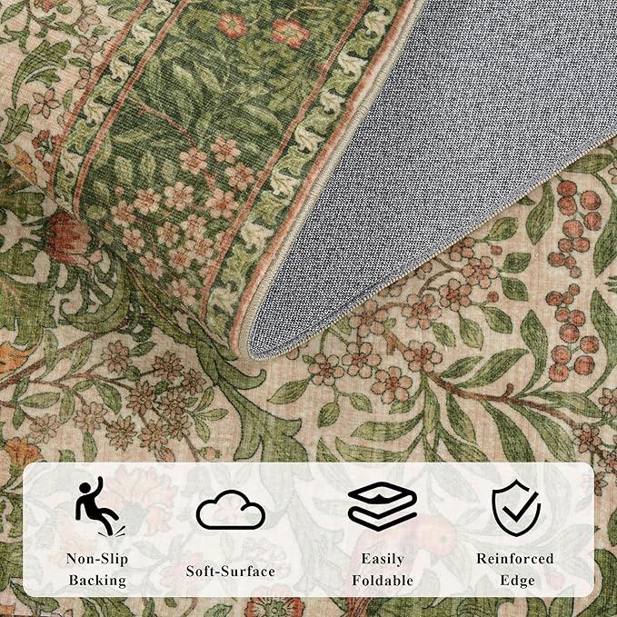 6x9 Floral Washable Area Rug for Living Room, Vintage Boho Rugs for Bedroom Dining Room, Botanical Birds Non Slip Low Pile Forest Throw Carpet for Farmhouse Office, Retro Pink/Green