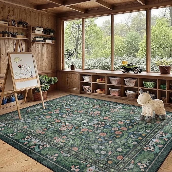 Green Floral 5x7 Area Rugs for Living Room Large Washable Rug Vintage Forest Low Pile Non Slip Stain Resistance Soft Carpet for Dining Room, Bedroom, Office Rug, Kids Room, Nursery Room, Playroom