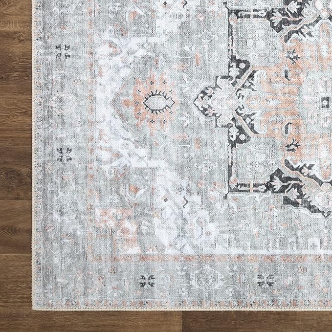 Bloom Rugs Washable Non-Slip 6' x 9' Rug - Gray/Coral Pink Traditional Area Rug for Living Room, Bedroom, Dining Room, and Kitchen - Exact Size: 6' x 9'