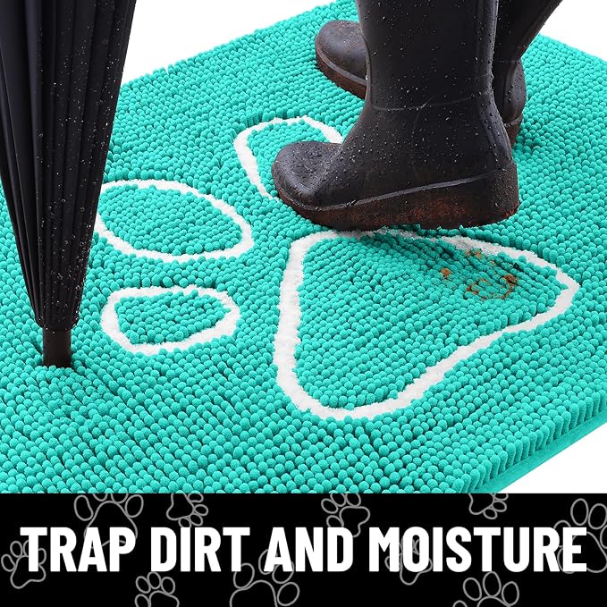 Smiry Dog Door Mat for Muddy Paws, Absorbent Dirt Trapper Non Slip Quick Dry Washable Chenille Mat for Mud Dogs, Entry Rug for Indoor and Outdoor (40x32 Inches, Turquoise and White)