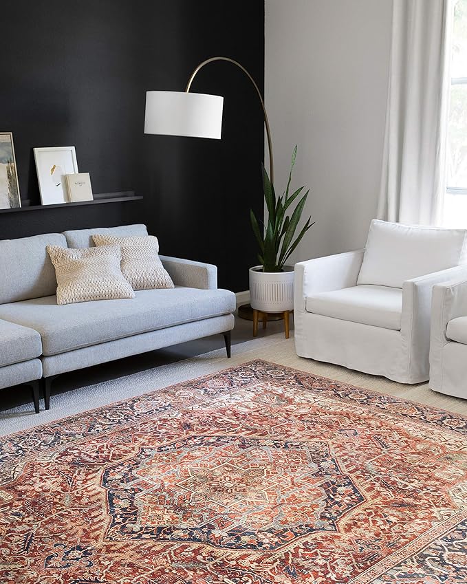 Loloi Layla Collection LAY-08 Red/Navy 2'-0" x 5'-0" .13" Thick Accent Rug, Soft, Durable, Vintage Inspired, Distressed, Low Pile, Non-Shedding, Easy Clean, Printed, Living Room Rug