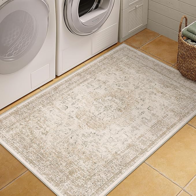Entryway Area Rug 3x5 Washable Beige Vintage Distressed Carpet Oriental Soft Thin Indoor Rug for Office Non Slip Low Pile Throw Rug for Kitchen Bathroom Bedroom Dining Living Room