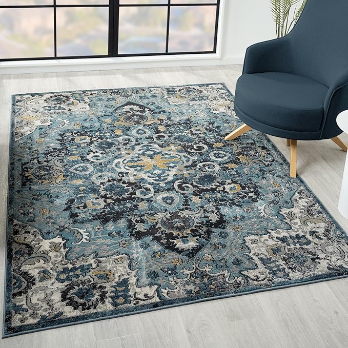 LUXE WEAVERS Moroccan Blue 4x5 Medallion Area Rug for Living Rooms