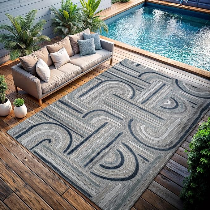 CAMILSON Indoor Outdoor Rug, Blue 8x10 Geometric Arch Striped Area Rugs for Patio and Home Areas, Easy-Cleaning Non-Shedding Living Room, Garden and Deck Washable Outside Carpet (8 x 10)