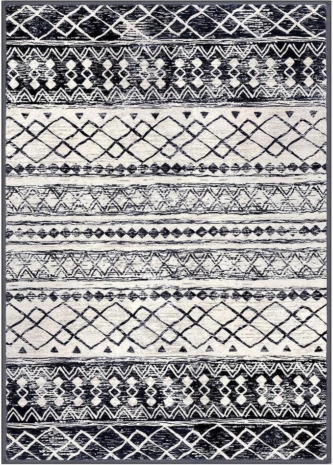 KUTA 6x9 Boho Area Rug for Living Room, Moroccan Washable Kitchen Rugs Non Slip, Black Navy Blue Ultra Soft Print Geometric Low-Pile Throw Carpet for Bedroom Nursery Dorm Decor