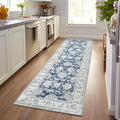 jinchan Fiora Hallway Runner Rug 3x8 Washable Runner - Vintage Floral Non Slip Low-Pile Soft Thin Faux Wool Kitchen Rug Distressed Carpet for Farmhouse Bedroom Laundry Room(3x8ft, Dark Blue)