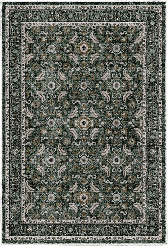WITSHOCK Washable 2x3 Entryway Area Rug: Soft Non-Slip Backing Washable Rugs Vintage Flower Boho Accent Small Rugs for Bedroom, Kitchen, Bathroom, Nursery Entrance,Dark Green