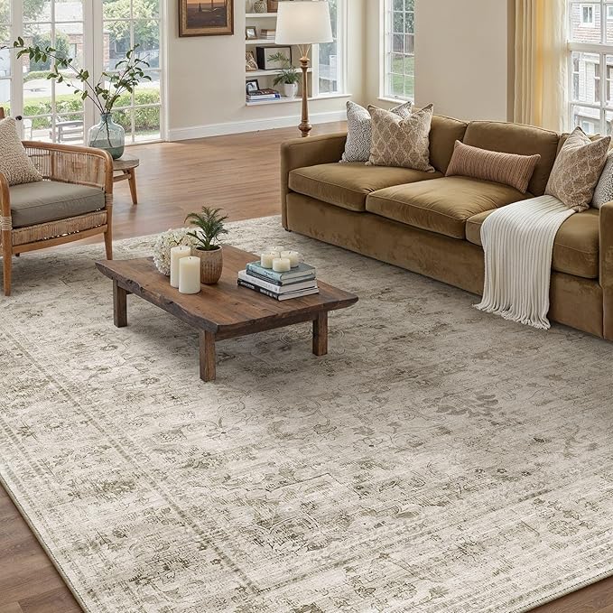 HUGEAR Washable 5x7 Area Rugs Retro Beige Living Room Bedroom Rug Vintage Distressed Non Slip Stain Resistant Low Pile Neutral Throw Carpet for Home Decor