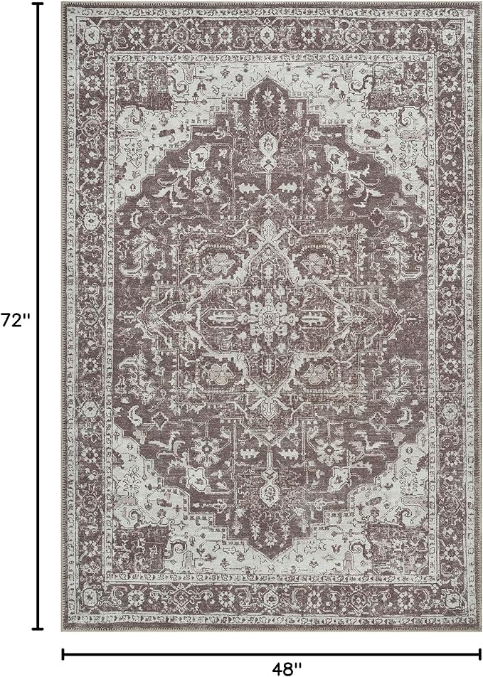 Bloom Rugs Washable Non-Slip 4' x 6' Rug - Dark Brown Traditional Medallion Area Rug for Living Room, Bedroom, Dining Room, and Kitchen - Exact Size: 4' x 6'