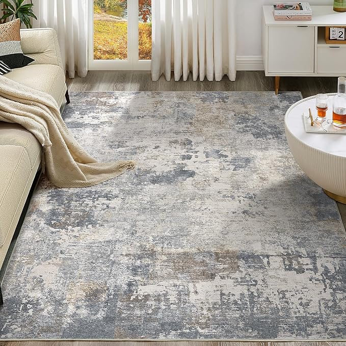 5x8 Area Rug Living Room Rugs - Washable Neutral Modern Abstract Soft Thin Large Rug Indoor Floor No Slip Rug Carpet for Bedroom Under Dining Table Home Office Decor - Blue Grey