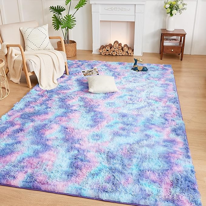 Andency Soft Area Rugs for Living Room Bedroom, 5x8 Fluffy Shaggy Bedside Rug, Non-Slip Large Shag Fuzzy Plush Carpets for Bedroom Kids Dorm Nursery Home Decor Aesthetic, Tie-Dyed Unicorn Rainbow