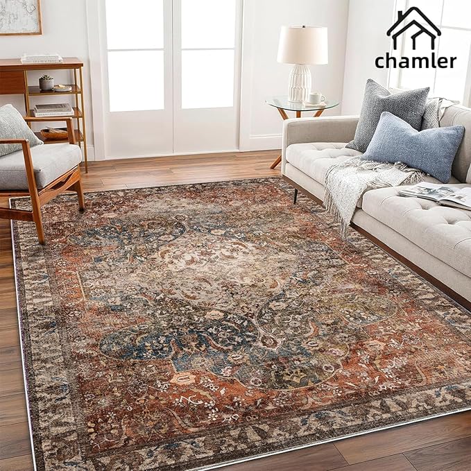 6x9 Washable Area Rug Boho Medallion Distressed Design Non-Shedding Easy Care Ideal for High Traffic Areas in Rugs for Living Room Bedroom Office Kitchen Large Carpet