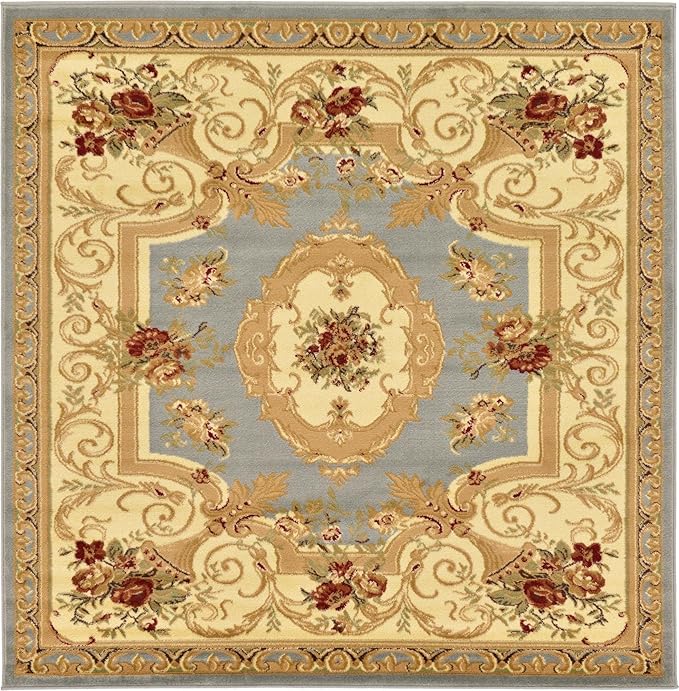 Rugs.com Chateau Collection Rug – 6 Ft Square Light Blue Medium Rug Perfect for Living Rooms, Kitchens, Entryways