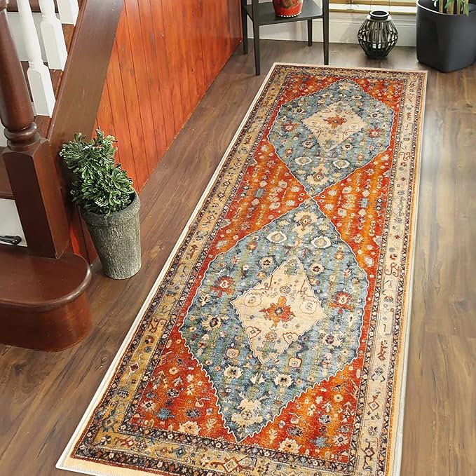 COMSLE Boho Runner Rug, 2' x 6' Washable Rugs for Hallway Faux Wool Small Kitchen Area Rug Distressed Throw Rug Non-Slip Laundry Room Rug Carpet Runner for Entryway Indoor Bedroom
