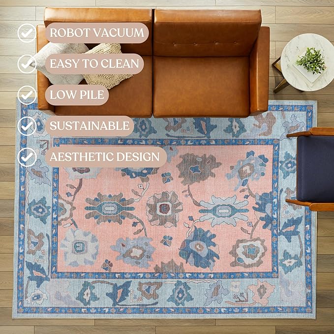 Fame Living Modern Oushak Rug, Vintage, Turkish, Eclectic, Floral, Pastel, Washable, Area Rugs for Living Room, Dining, Bedroom, Office, Entryway, Foyer, Playroom, Nursery, 5'x6'9"