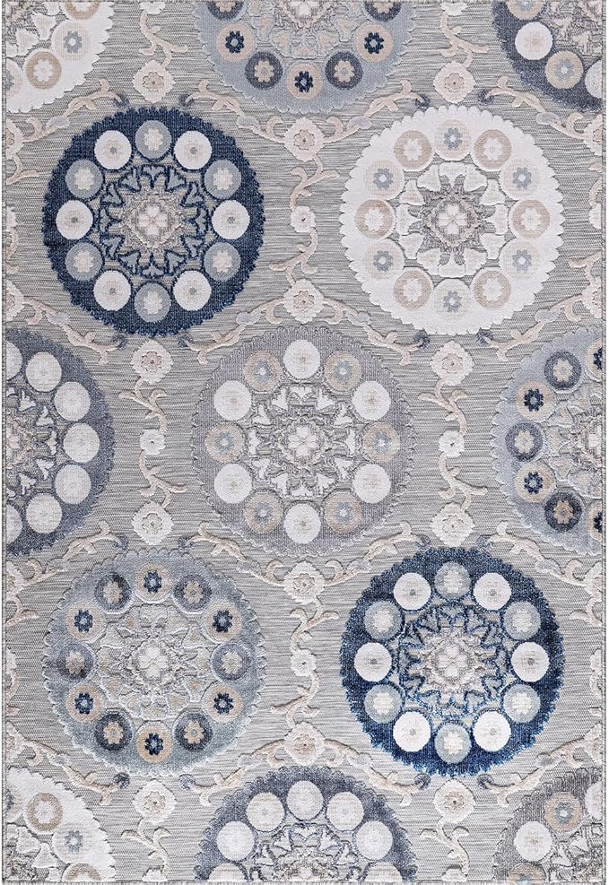 CAMILSON Indoor Outdoor Rug 5x7 Bohemian Medallion Floral Area Rugs for Indoor and Outdoor Patios Easy-Cleaning Non-Shedding Living Room Garden and Kitchen Washable Outside Carpet (5 x 7 / Blue)