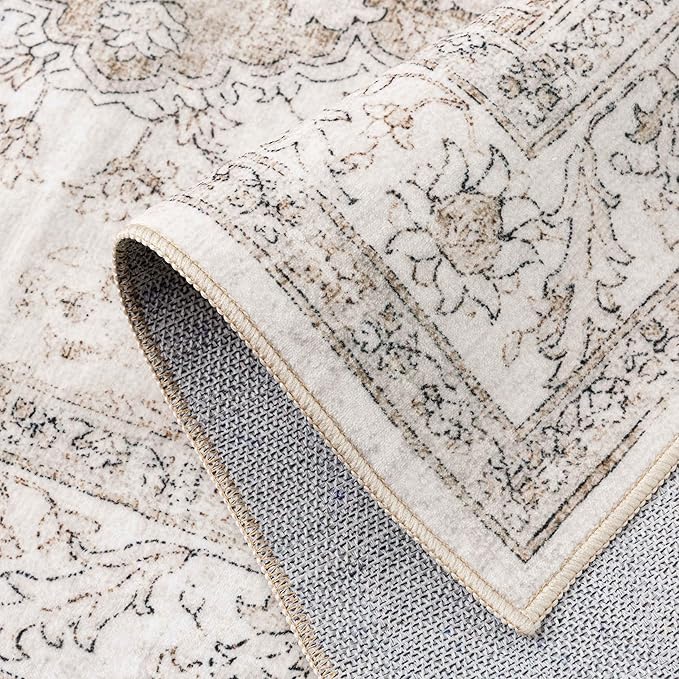 Beige Runner Rug 2'6"x14' Washable Vintage Carpet Hallway Kitchen Soft Retro Low Pile Thin Indoor Bedroom Non Slip Oriental Medallion Long Throw Rug for Bathroom Laundry Dining Room