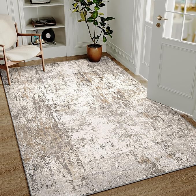 4x5 Washable Area Rug Brown Grey Abstract Entryway Office Throw Rug Neutral Modern Non Slip Soft Low Pile Indoor Carpet for Living Room Bedroom Kitchen Entrance
