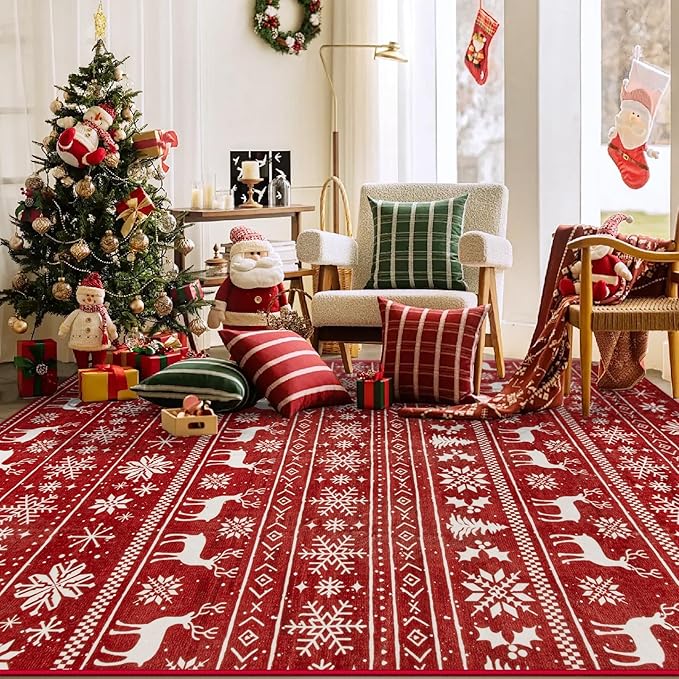 Christmas Rug 4x6 Washable Rugs, Boho Christmas Tree Snowflake Rug Non-Slip Soft Low Pile Non Shedding Indoor Holiday Decor Carpet for Living Room Bedroom Dining Room Home Office (Xmas Red, 4'x6')