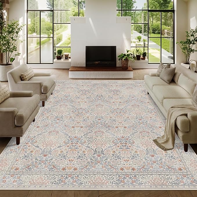 9x12 Floral Washable Area Rugs for Living Room, Vintage Boho Large Rug for Bedroom Dining Room， Distressed Botanical Birds Non Slip Low Pile Forest Animal Throw Carpet for Farmhouse Office, Beige Blue