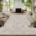 8x10 Floral Washable Area Rugs for Living Room, Vintage Boho Large Rug for Bedroom Dining Room, Distressed Botanical Birds Non Slip Low Pile Forest Animal Throw Carpet for Farmhouse Office, Beige Blue