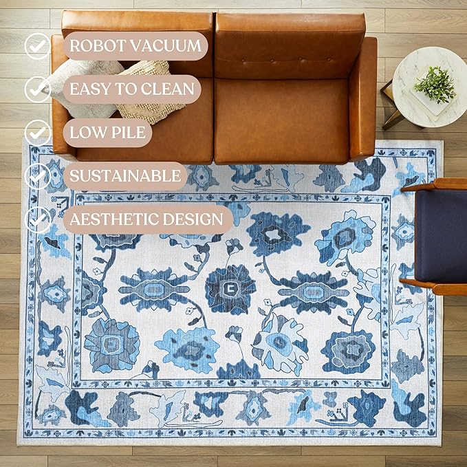 Fame Living Navy Blue Oushak Rug, Modern, Vintage, Turkish, Eclectic, Floral, Pastel, Washable, Oversized, Extra Large Area Rugs for Living Room, Dining, Bedroom, Lounge 9'5"x14'