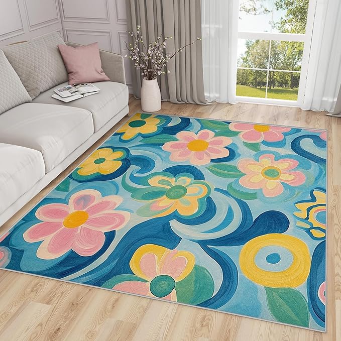 Floral Rugs for Living Room - 5x6ft - Modern Artistic Flower Rug for Bedroom Non Slip Low Pile Machine Washable Area Rugs, Floral Carpets House Decor & Gifts