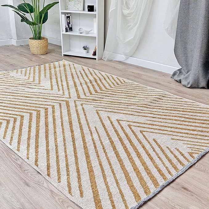 Alfa Rich 7x10 Geometric Gold Off White Washable Area Rugs for Living Room Bedroom Cotton Rug